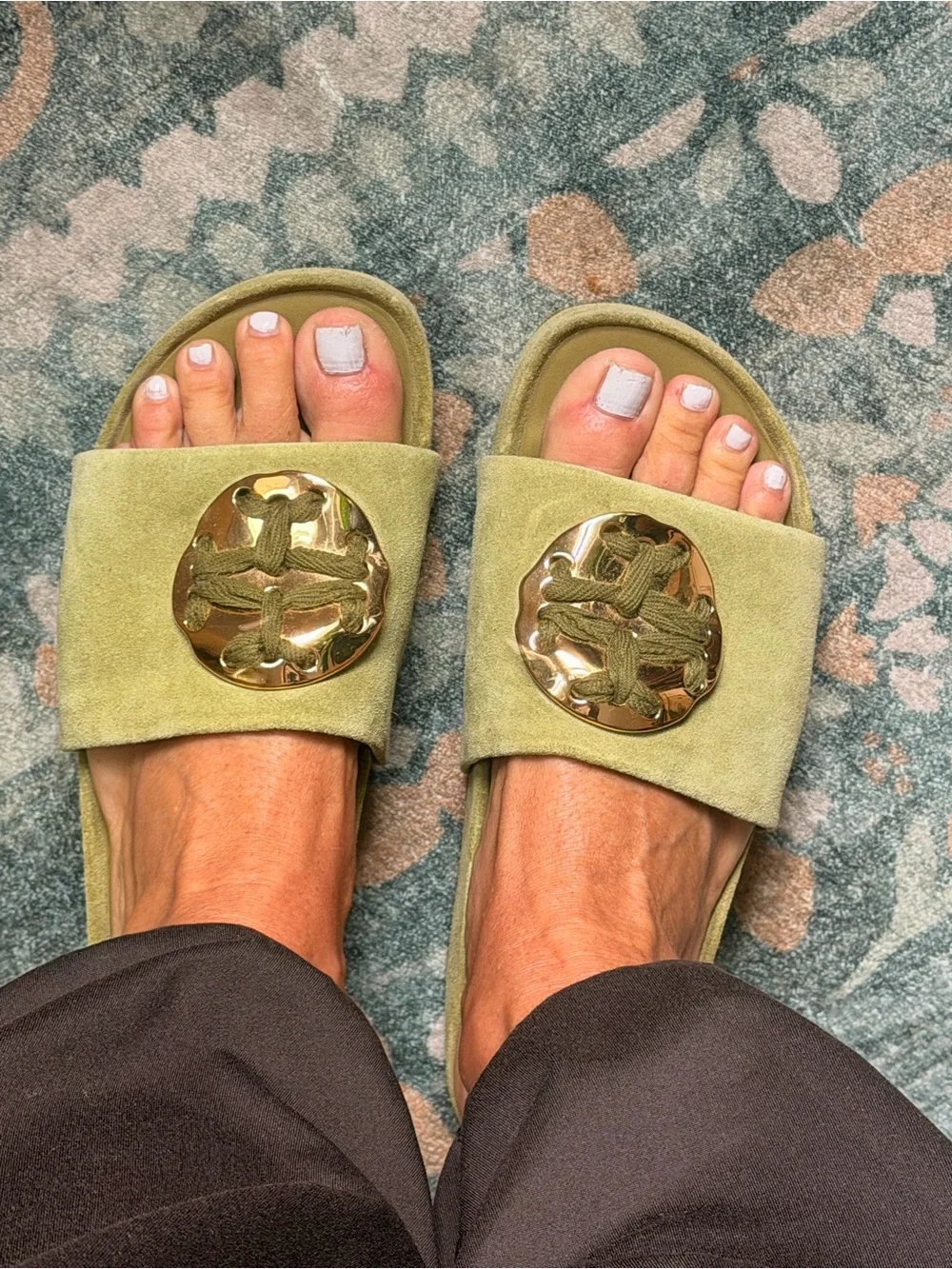 Tory Burch Olive Suede Slide Mules with Gold Logo Disk